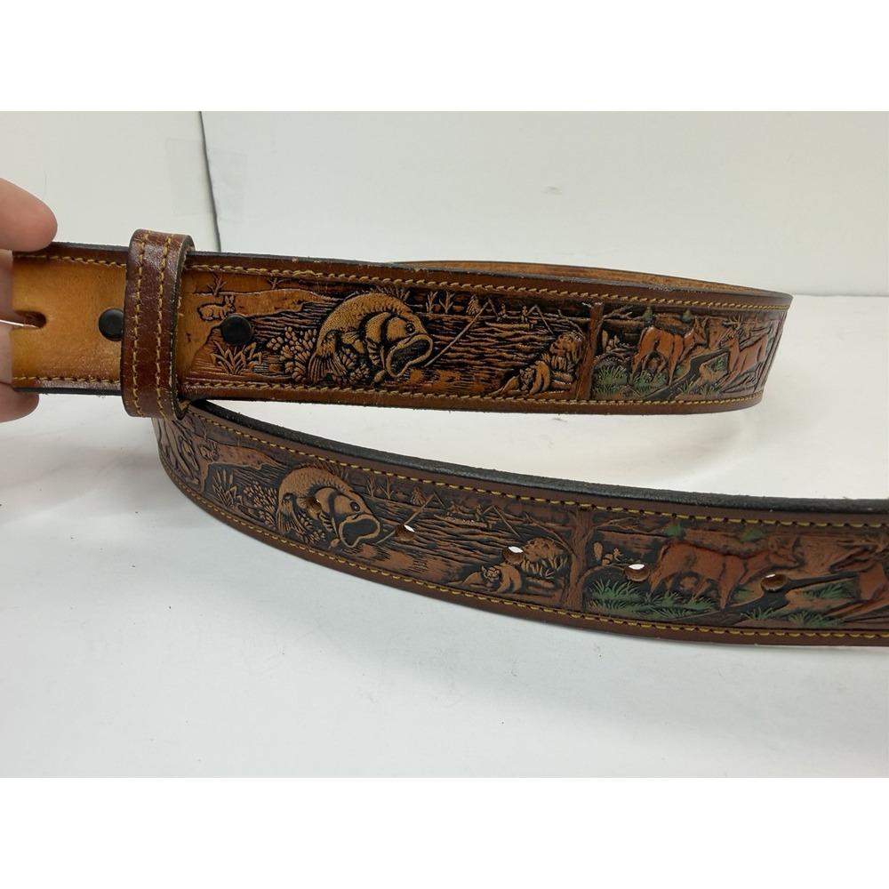 Dixie Genuine Leather Belt Wildlife Designs Deer Fishing Hunting Sz 34